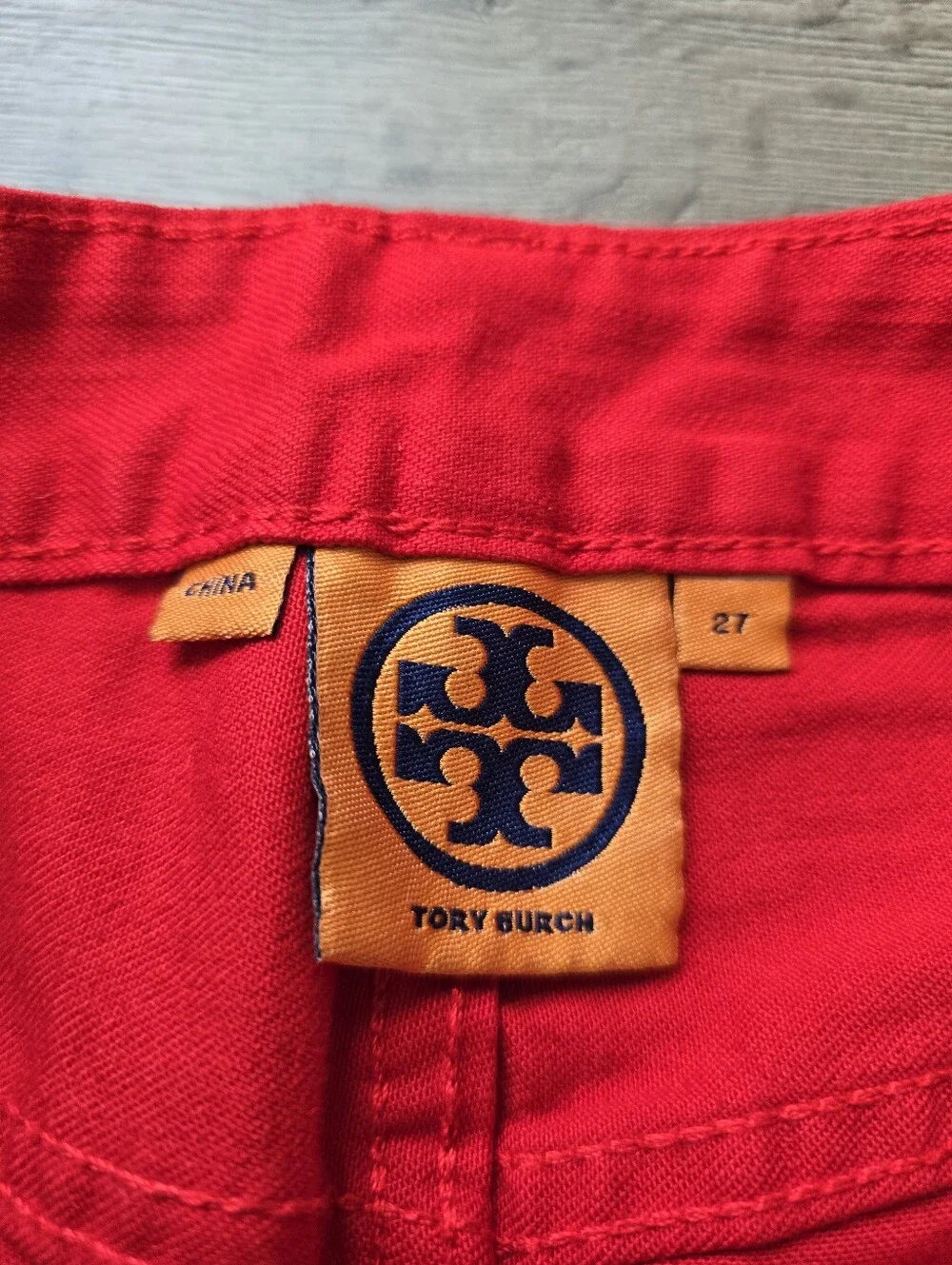 Tory Burch red denim mini skirt Gold Tone Hardware Size 27